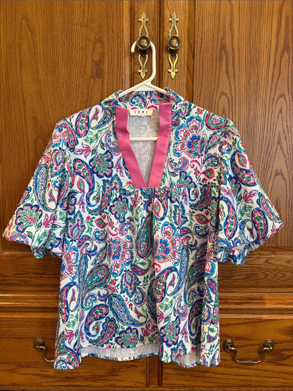 THML White Paisley Blouse with Pink Trim and Blue-Green Accents
